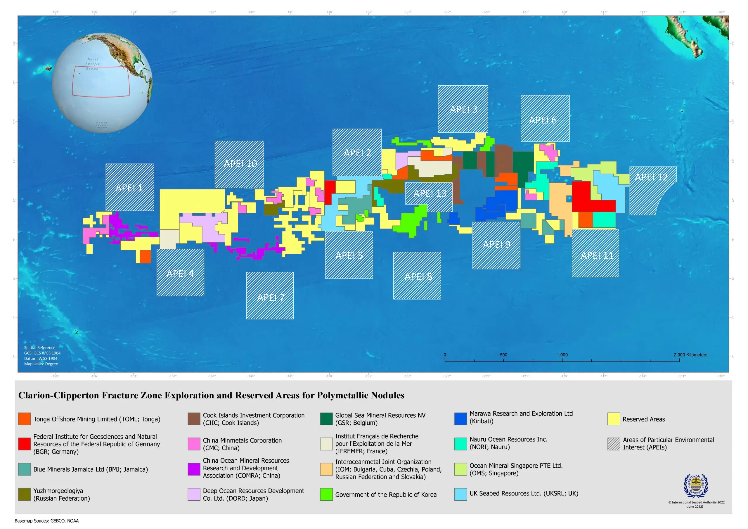 Map of the Clarion-Clipperton Zone, showing subsea mineral exploration licenses issued