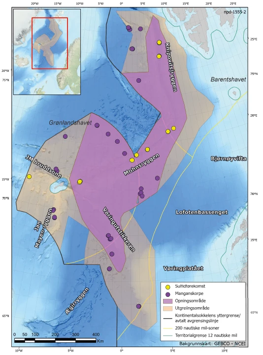 Map of proven subsea mineral occurrences in the Norwegian EEZ