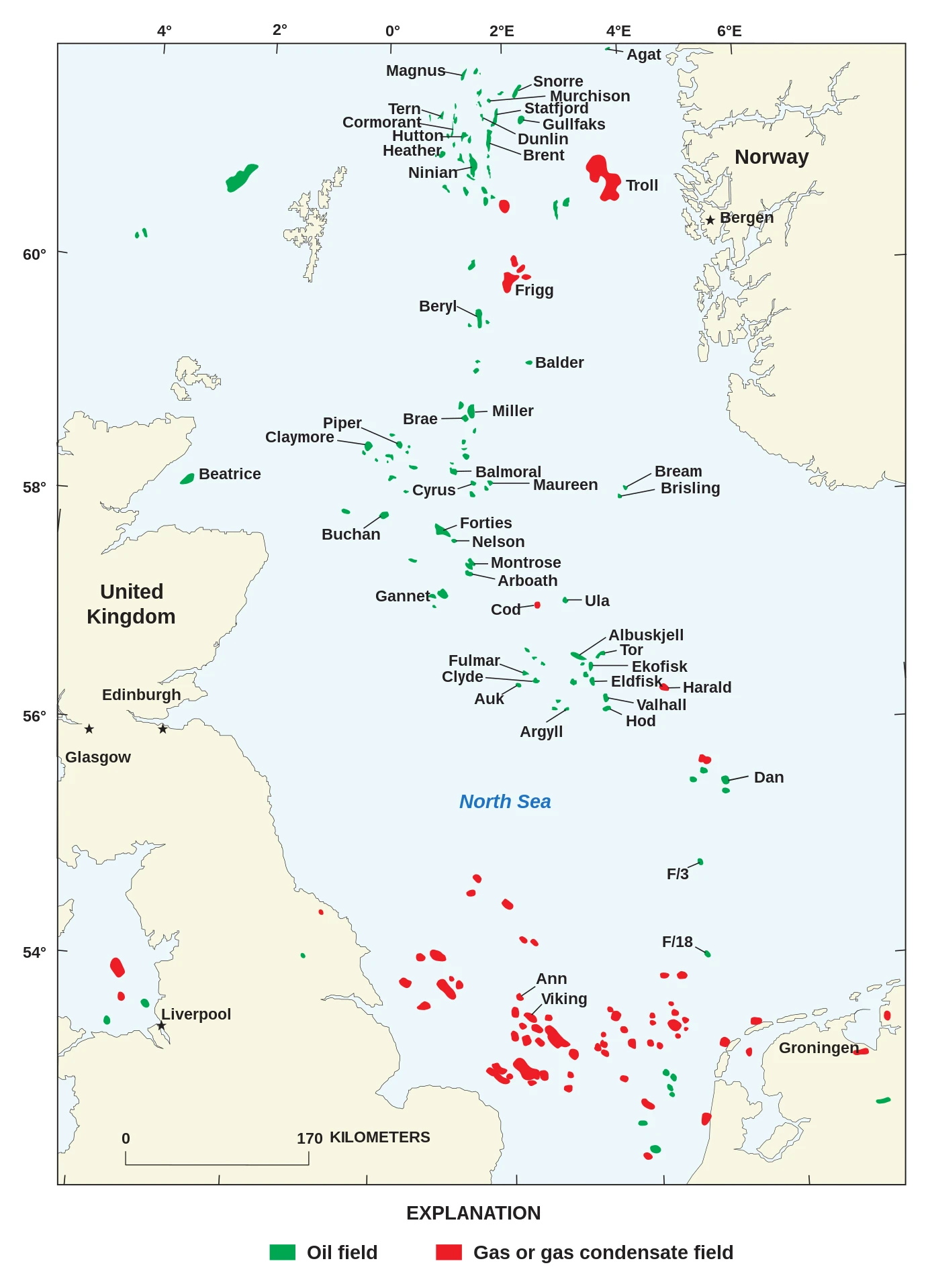 Map of North Sea oil and gas operations