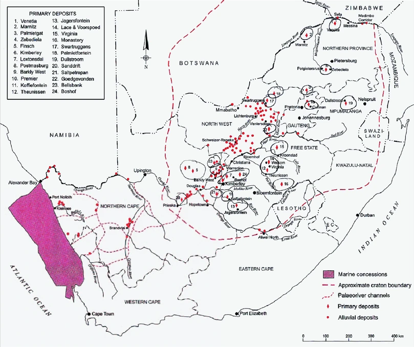 Map of diamond deposits in South Africa