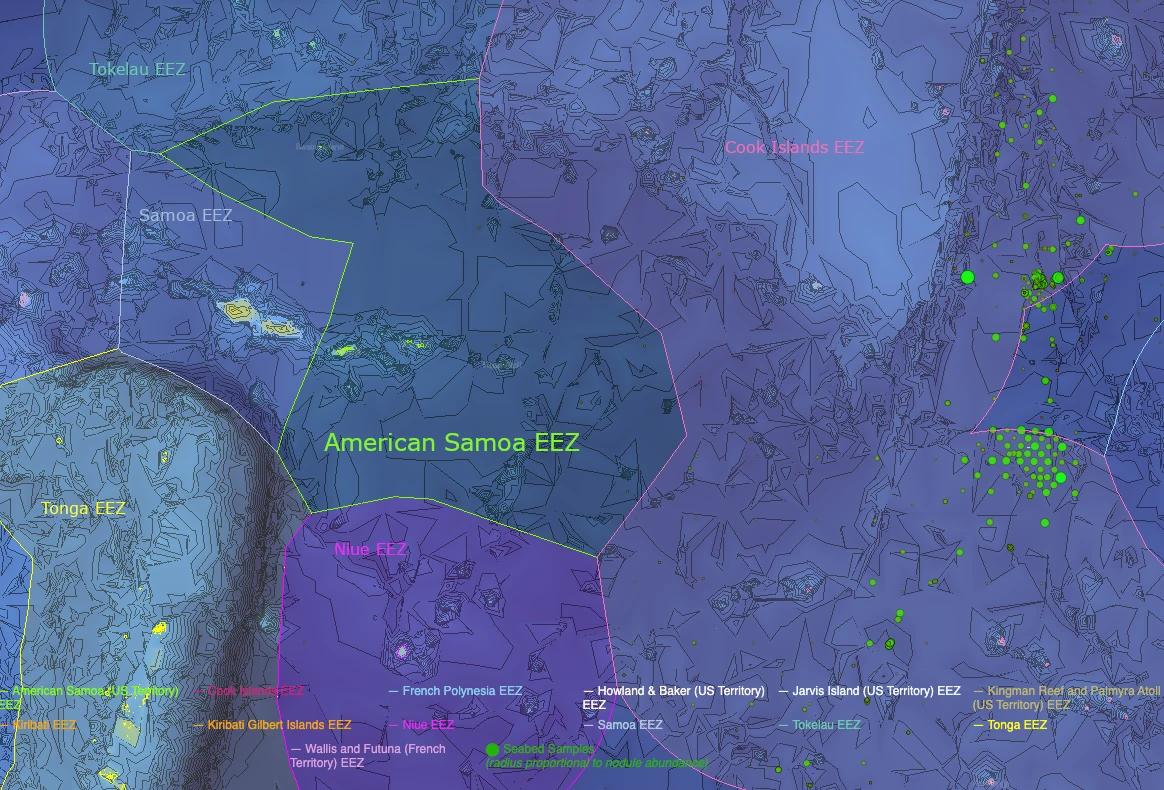 Map of Exclusive Economic Zone of American Samoa and presence of subsea minerals