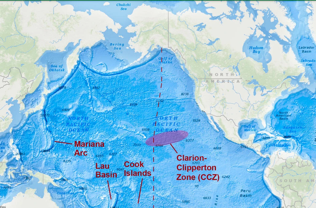 Map of the Pacific Ocean showing the location of the Clarion-Clipperton Zone