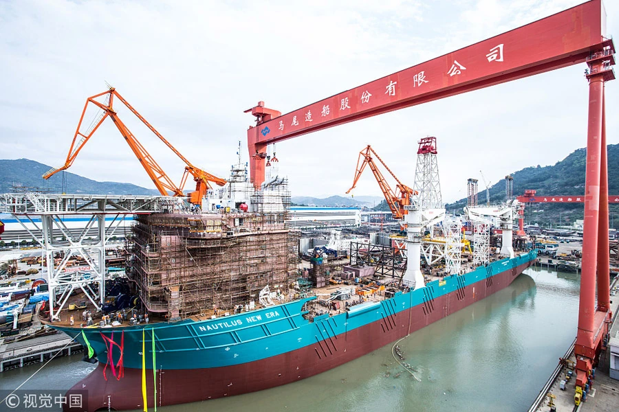 Chinese deep sea mining production support vessel being built in a dockyard