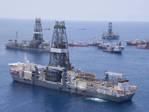 Image of deepwater drillships cold-stacked