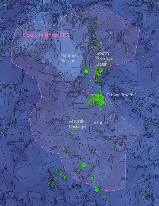 Map of Exclusive Economic Zone of the Cook Islands, and presence of subsea minerals