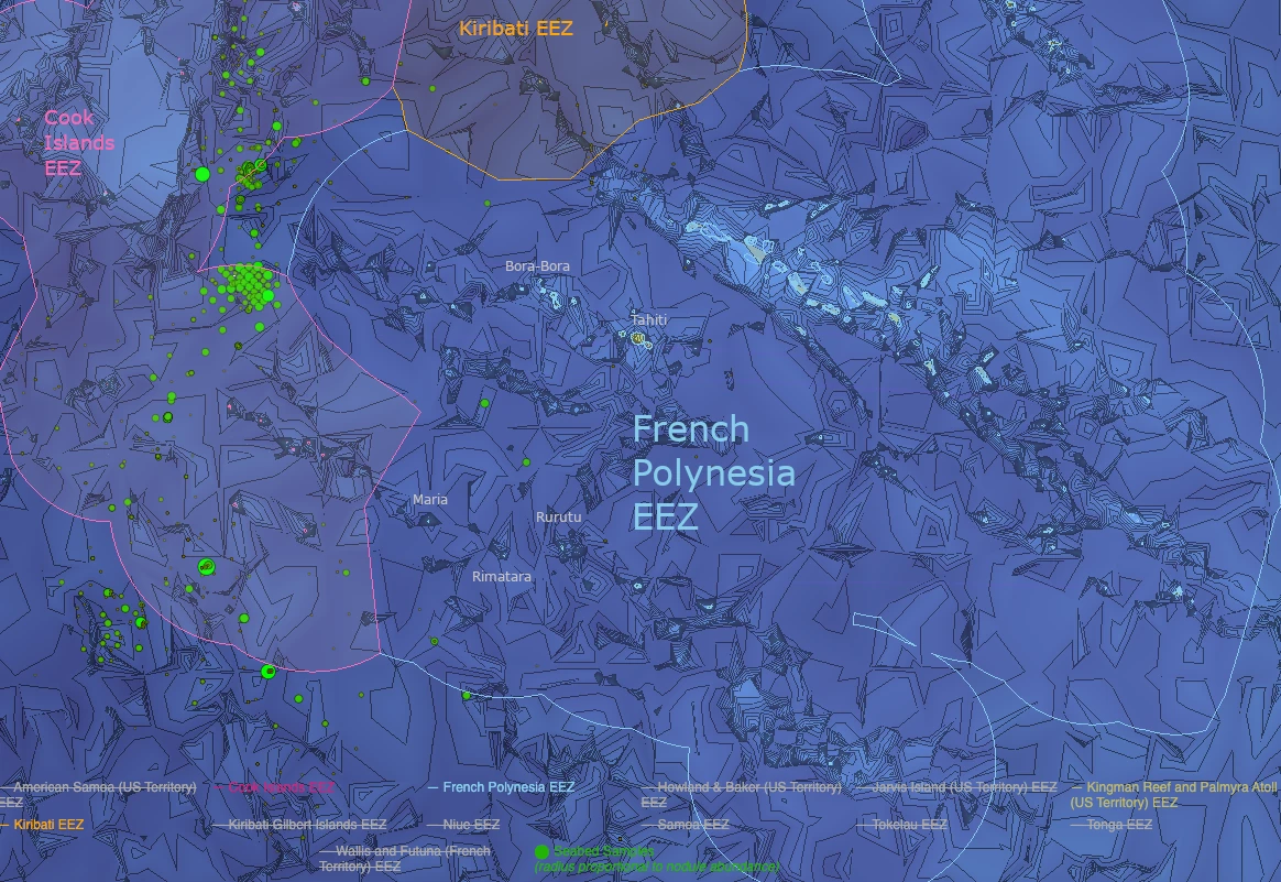 Map of Exclusive Economic Zone of French Polynesia, and presence of subsea minerals