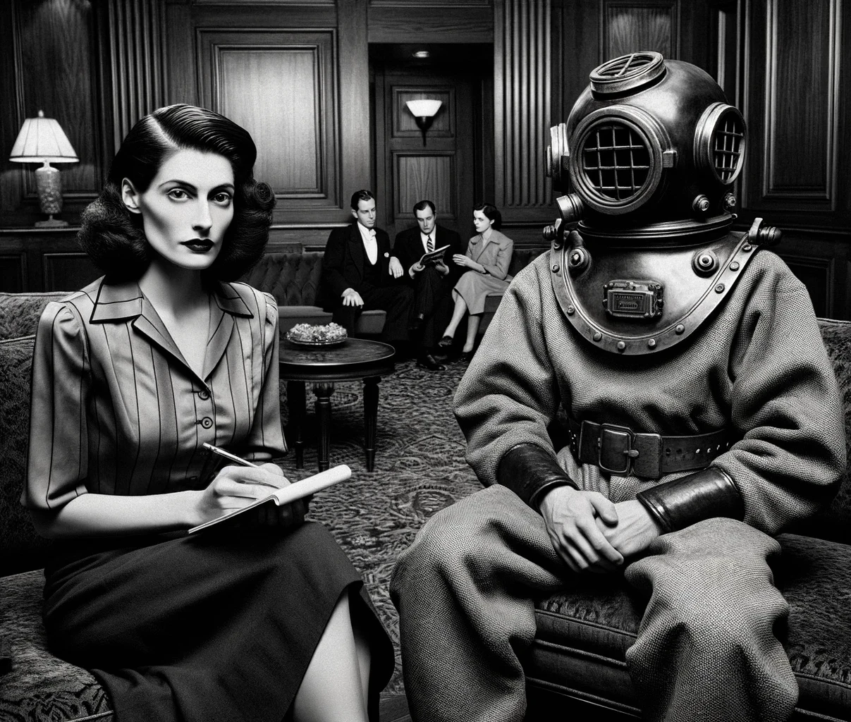 Ayn Rand and Hank Gruberson, famous deep sea mining entrepreneur, sit down in a New York club for an interview