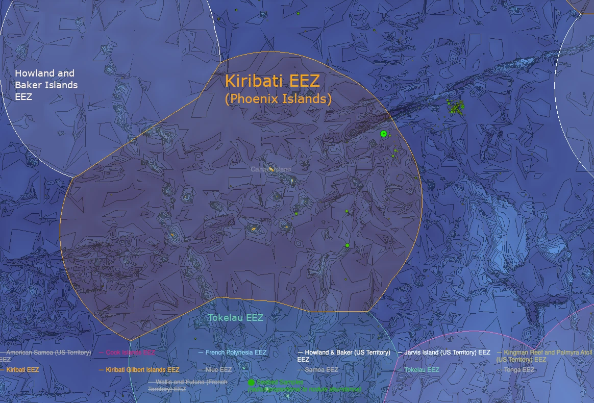 Map of Exclusive Economic Zone of the Phoenix Islands group of Kiribati, and presence of subsea minerals