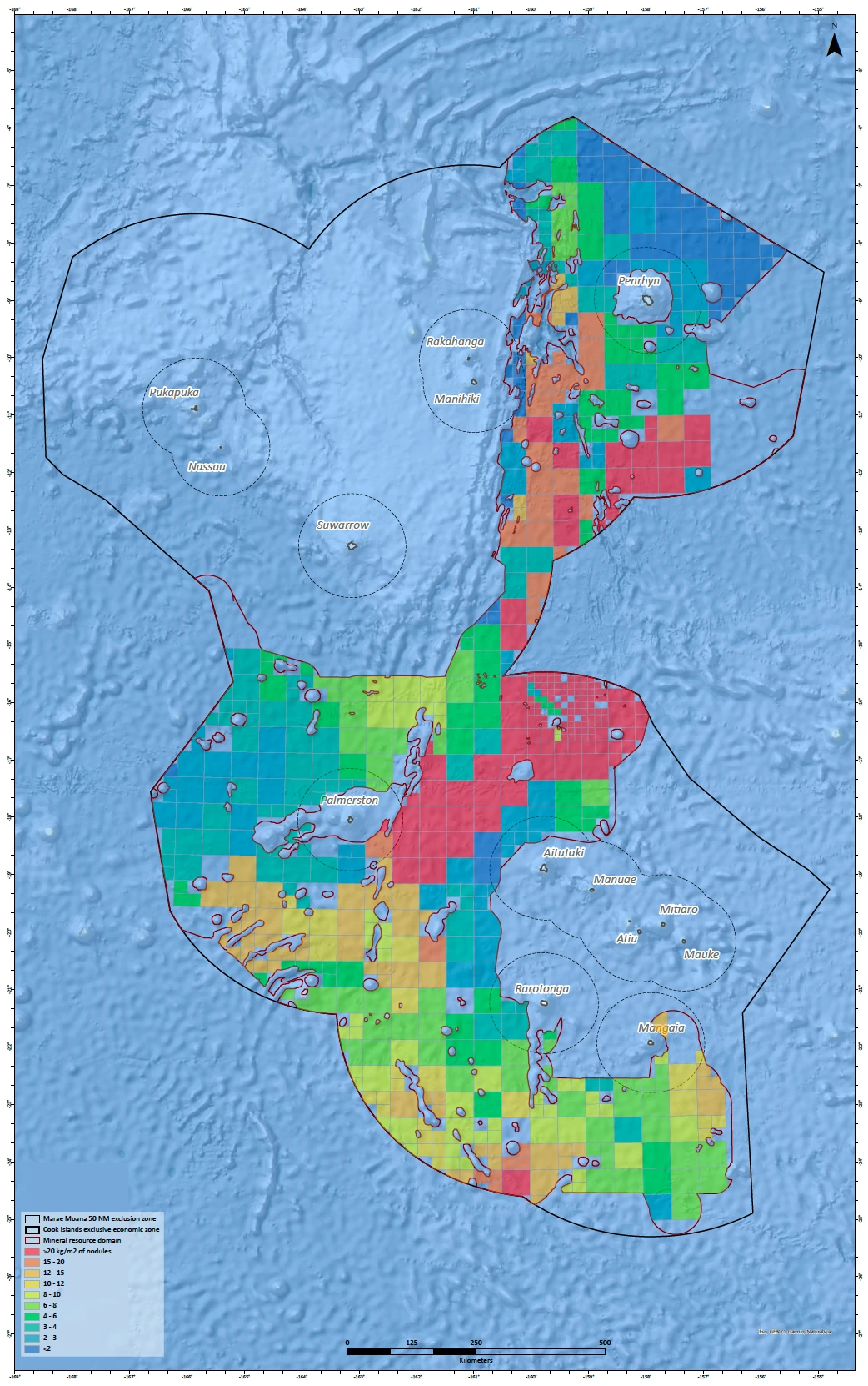 Heatmap of estimated mineral resources in the Exclusive Economic Zone of the Cook Islands