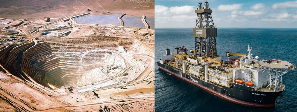 An open-case terrestrial mine compared to a deep-sea mining production support vessel