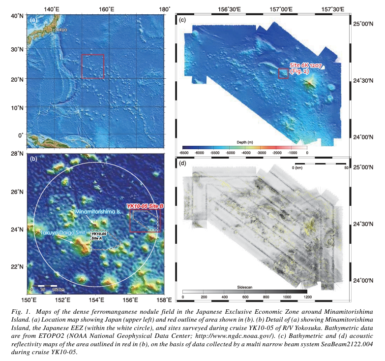 Maps of the ferromanganese nodule field in the Japanese Exclusive Economic Zone around Minamitorishima Island. 