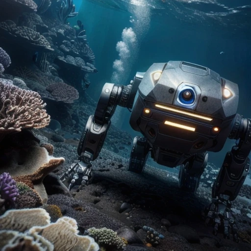A deep sea mining robot collecting metals underwater