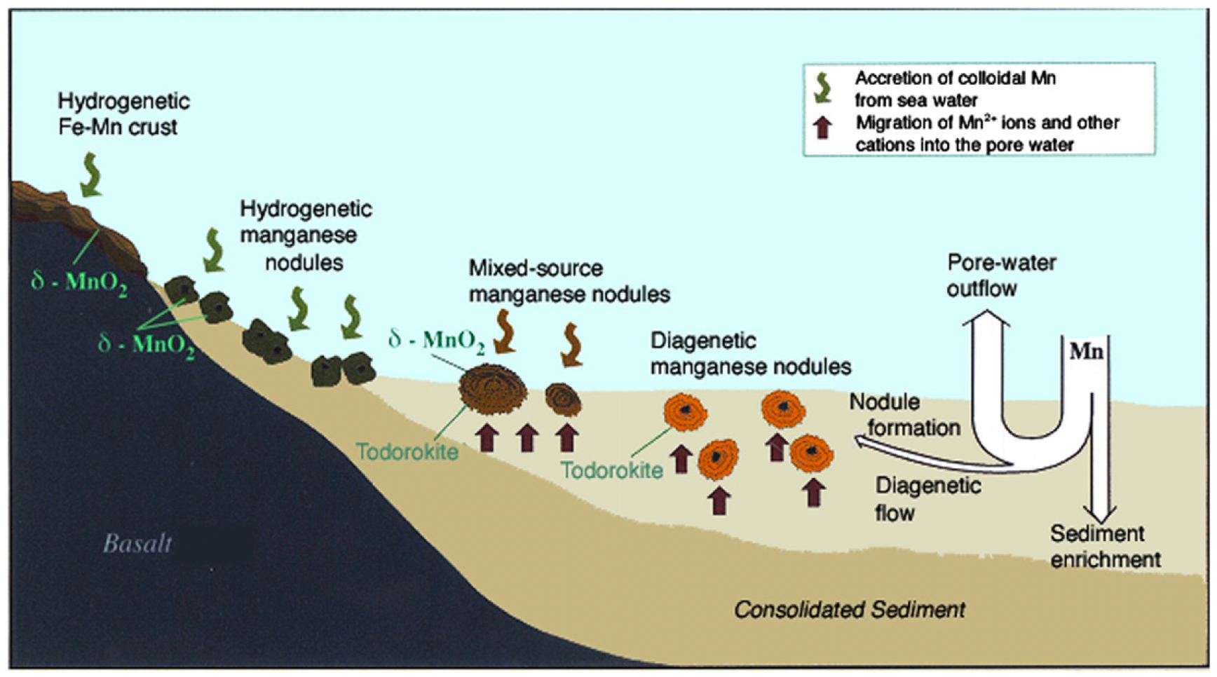 A diagram of the various means by which subsea polymetallic nodules form