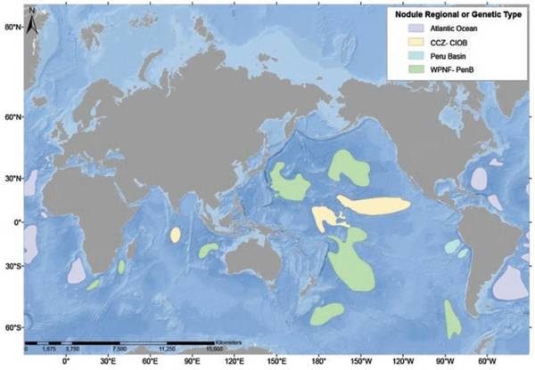 A map of the world showing the various basins and locations in which polymetallic nodules form and are found