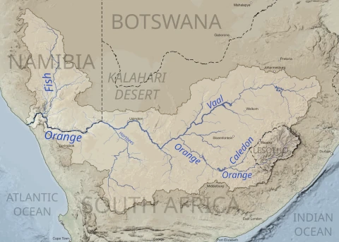 Map of Southern Africa, highlighting the watershed and route of the Orange River