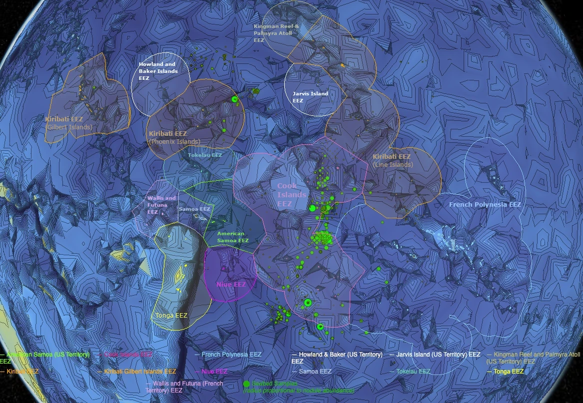 Map of South Pacific Exclusive Economic Zones and presence of subsea minerals