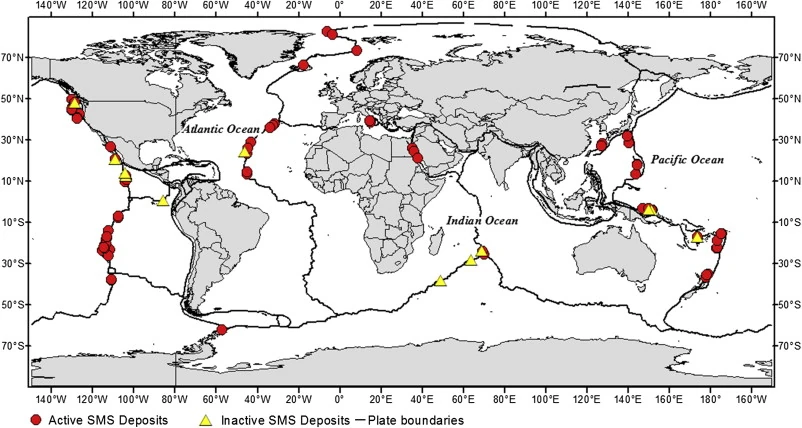 Map of worldwide deposits of seabed massive sulphides