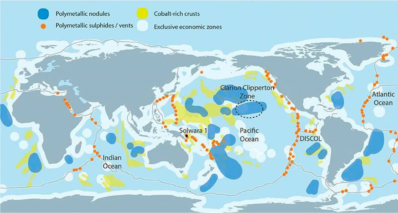 Map of the world indicating the location of subsea minerals